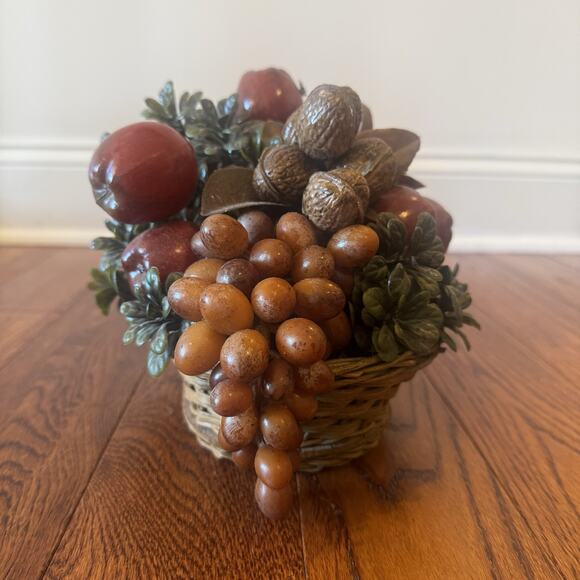 Vintage Plastic Fruit Arrangement Woven Basket Walnuts Apples Grapes Ladybug MCM - Picture 2 of 13
